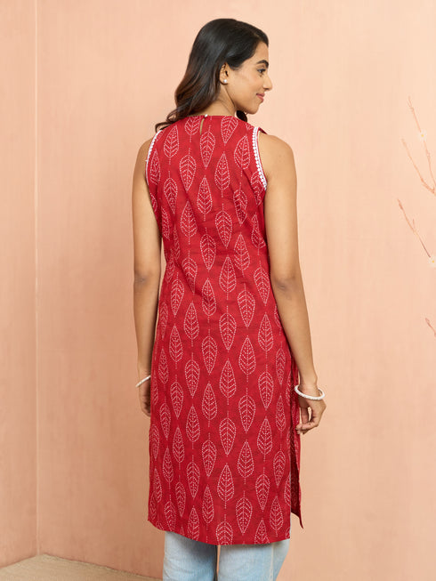 Women's Red Floral Print Cambric Kurta